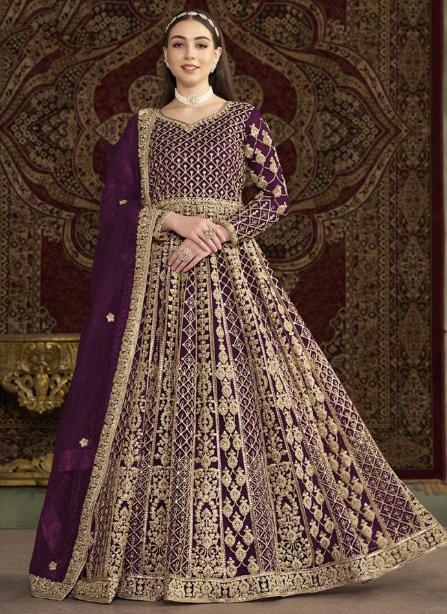 Net Wine Wedding Wear Emboidery Work Anarkali Suit